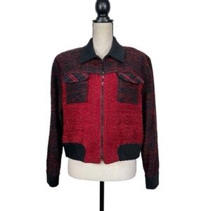 Christina Hope Petite Red Black Woven Zip-Up Jacket Retro Vintage Style Medium